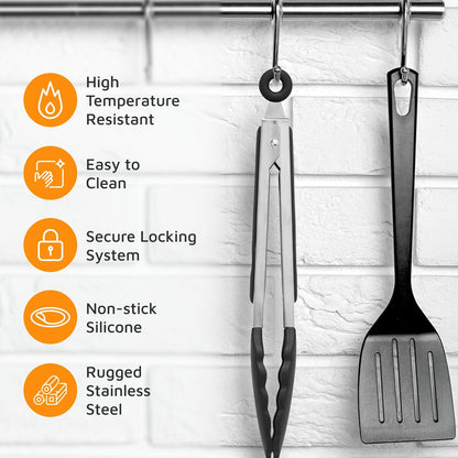 The Original Popco Tongs for Cooking - Set of 3 (7, 9, 12 inches) - Heavy Duty, 304 Stainless Steel BBQ and Kitchen Tongs with Silicone Tips (3 Colors Available)
