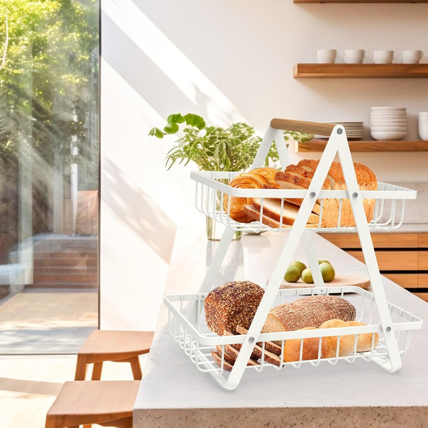 2 Tier Countertop Fruit Basket,Portable Fruit Bowle Basket for Kitchen Organizer Storage & Dining Room Fruits Vegetable Bread Snacks,MAHUEEOL Detachable Metal Rectangle Basket Storage