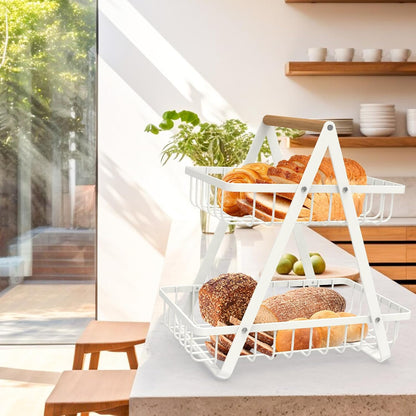 2 Tier Countertop Fruit Basket,Portable Fruit Bowle Basket for Kitchen Organizer Storage & Dining Room Fruits Vegetable Bread Snacks,MAHUEEOL Detachable Metal Rectangle Basket Storage