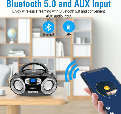 MEGATEK Portable CD Player Boombox with FM Radio, Bluetooth, USB Port, AUX Input, and Headphone Jack – CD-R/CD-RW/MP3-CD Compatible, Clear Stereo Sound, Backlit LCD Display – Black