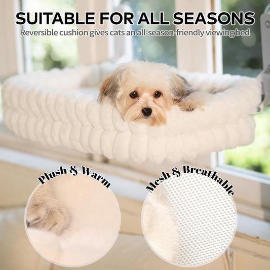 CHEERPALS Cat Window Perch for Indoor Cats Hammock for Window with Reversible Cushion, Foldable Cat Window Bed for Large Cats and Kittens(White,Large)