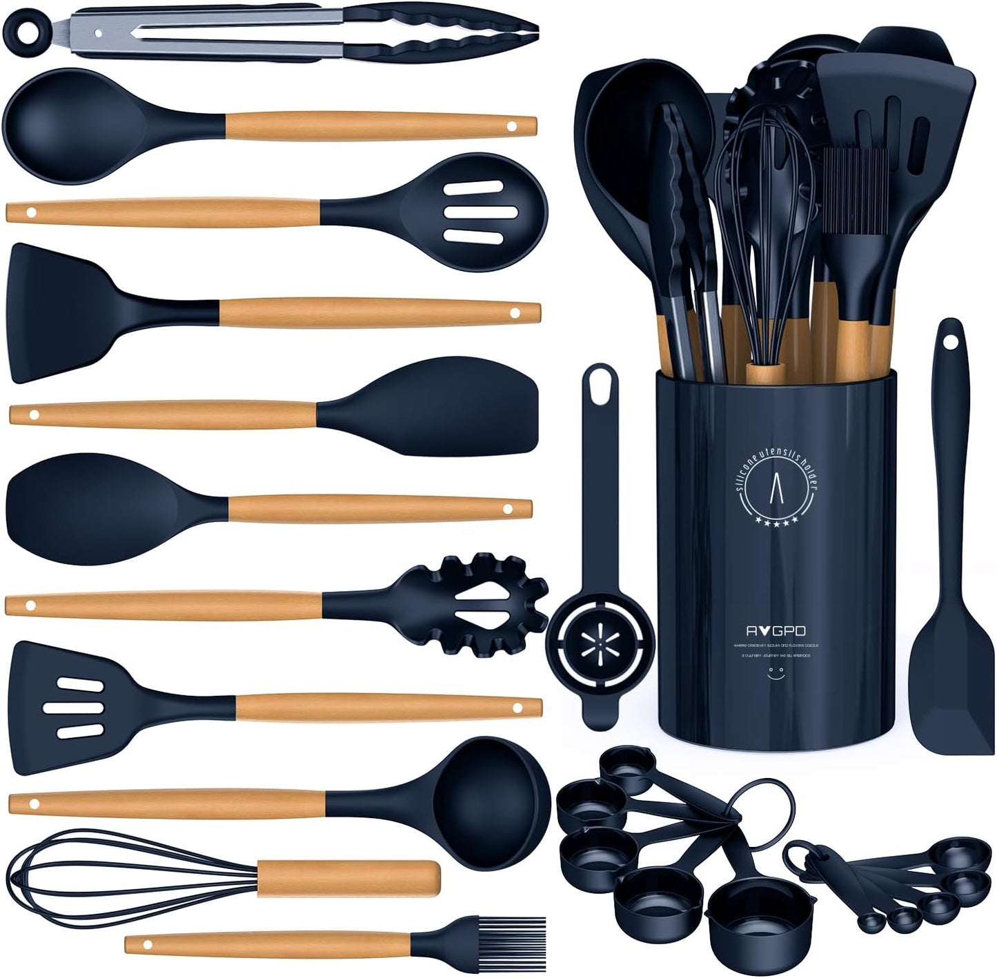 Silicone Cooking Utensils Set - Silicone Kitchen Utensils for Cooking Wooden Handles, 446°F Heat Resistant Kitchen Utensil Spatula Sets w Holder, Gadgets for Non-Stick Cookware BPA Free (Black)