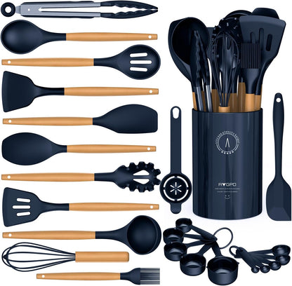 Silicone Cooking Utensils Set - Silicone Kitchen Utensils for Cooking Wooden Handles, 446°F Heat Resistant Kitchen Utensil Spatula Sets w Holder, Gadgets for Non-Stick Cookware BPA Free (Black)