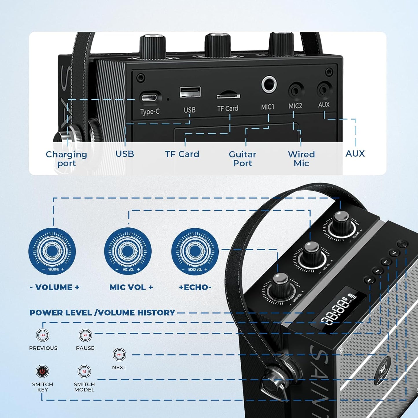 Wireless Voice Amplifier with Handheld Microphone, Portable Bluetooth Speaker Microphones with Teachers & Events, Wireless Karaoke Mic for Singing, PA System with Echo & Sound Effects S98 Pro