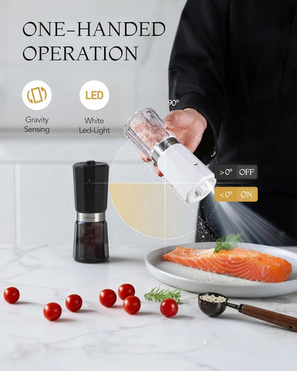 FORLIM 2-Speed Electric Salt and Pepper Grinder Set, 800mAh Rechargeable, Upgraded Auto-Reverse Clean After Stop, Pepper Shakes with White LED, Ceramic Grinding Core, Black & White