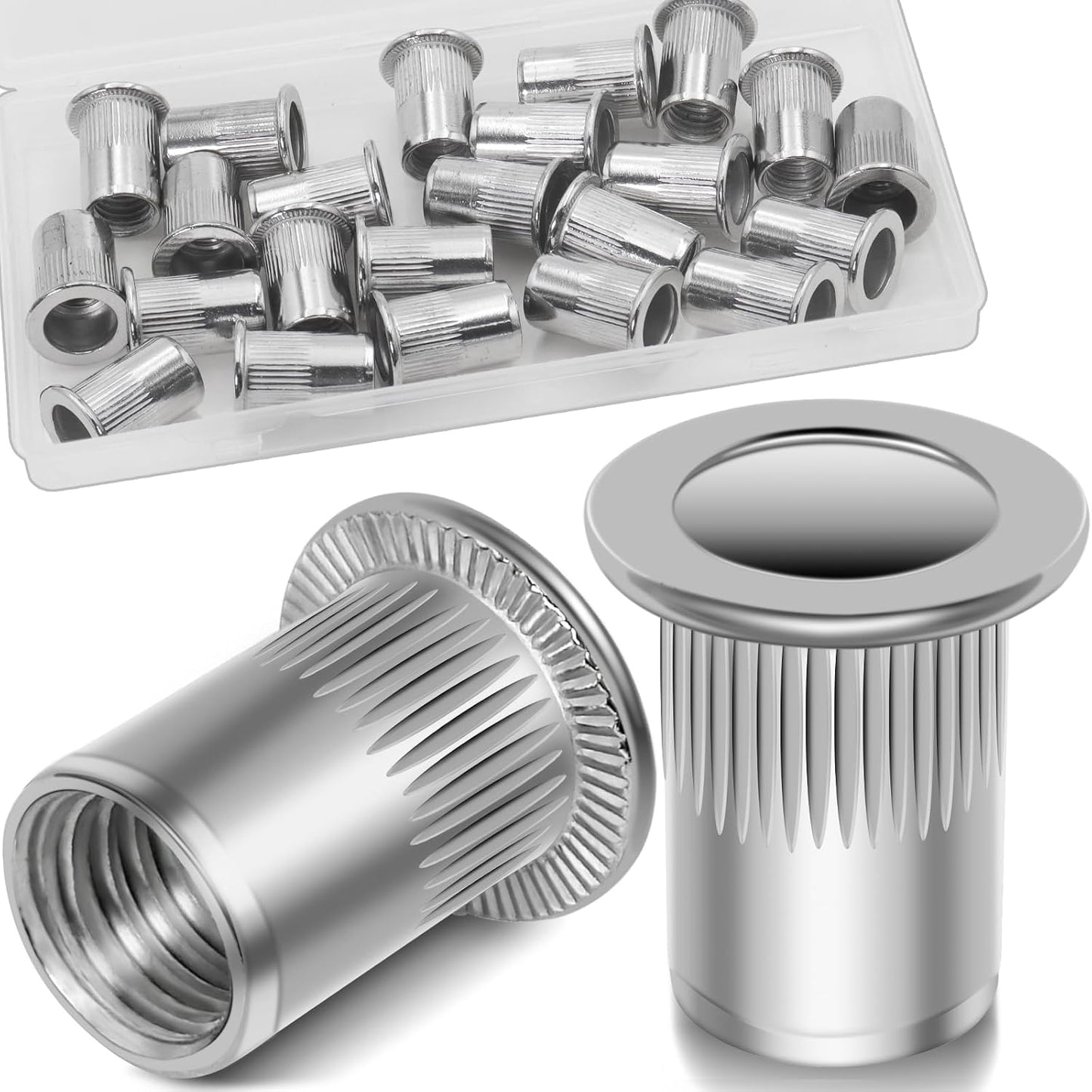 Vifmy Metric & SAE Rivet Nut Assortment Kit(420 Pcs),m3 m4 m5 m6 m8 m10 m12#6-32#8-32#10-24 1/4"-20 5/16"-18 3/8"-16 UNC Flat Head Rivnut Set,Zinc Plated Finish Carbon Steel Nutsert