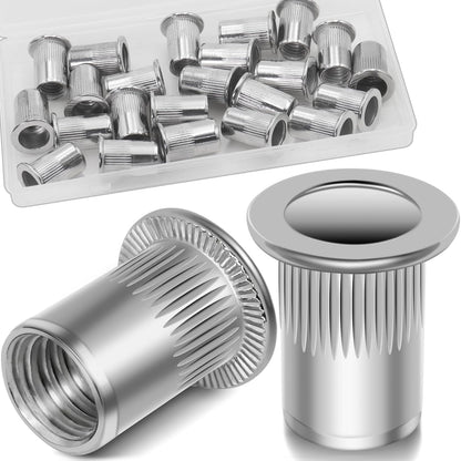 Vifmy Metric & SAE Rivet Nut Assortment Kit(420 Pcs),m3 m4 m5 m6 m8 m10 m12#6-32#8-32#10-24 1/4"-20 5/16"-18 3/8"-16 UNC Flat Head Rivnut Set,Zinc Plated Finish Carbon Steel Nutsert