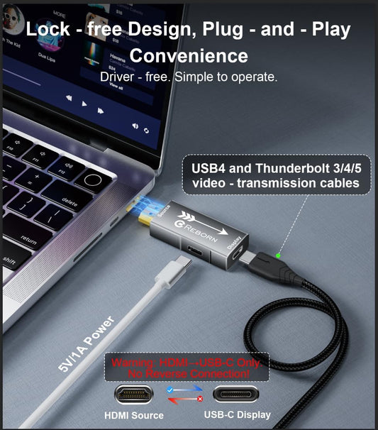 Reborn HDMI to USB C Adapter 4K 60Hz | Uni-Directional HDMI Source to USB-C Display Adapter for AR Glasses XREAL One、Air 2 Pro/VITURE Pro/RayNeo Air 2s/Rokid,PS5,Portable Monitors - 1 Pack - PuriLite