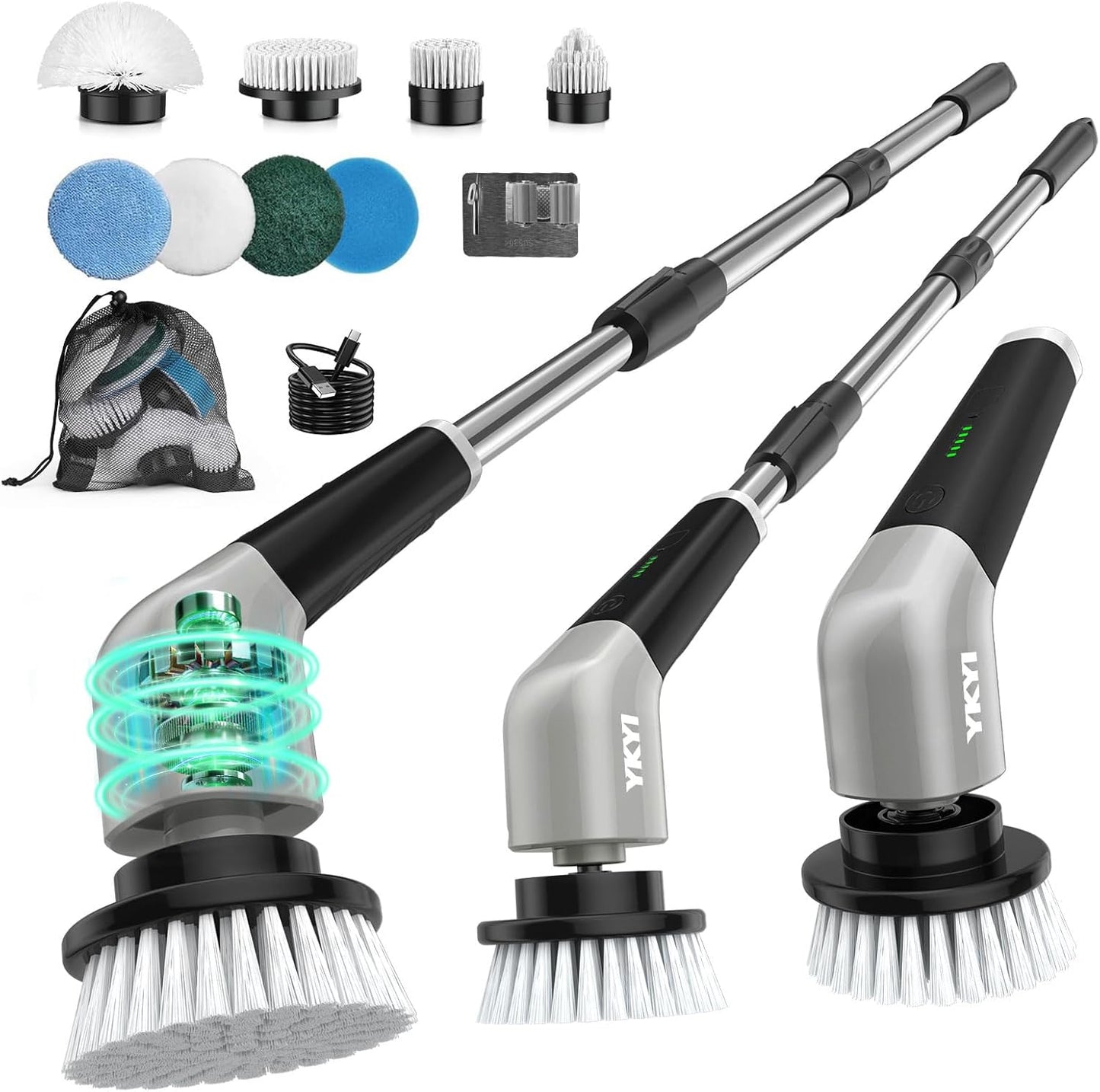 YKYI Electric Spin Scrubber,Cordless Electric Cleaning Brush,Shower Scrubber with 8 Replaceable Brush Heads,Power Scrubber 2 Adjustable Speeds,Bathroom Brush with Long Handle for Bathtub,Tile,Floor