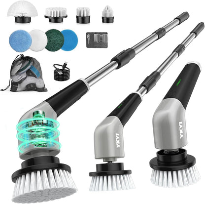 YKYI Electric Spin Scrubber,Cordless Electric Cleaning Brush,Shower Scrubber with 8 Replaceable Brush Heads,Power Scrubber 2 Adjustable Speeds,Bathroom Brush with Long Handle for Bathtub,Tile,Floor
