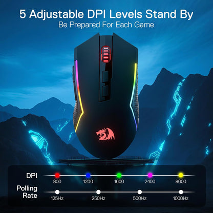Redragon M693 Wireless Gaming Mouse, 8000 DPI Wired/Wireless Mouse w/ 3-Mode Connection, BT & 2.4G Wireless, 7 Macro Buttons, Durable Power Capacity for PC/Mac/Laptop