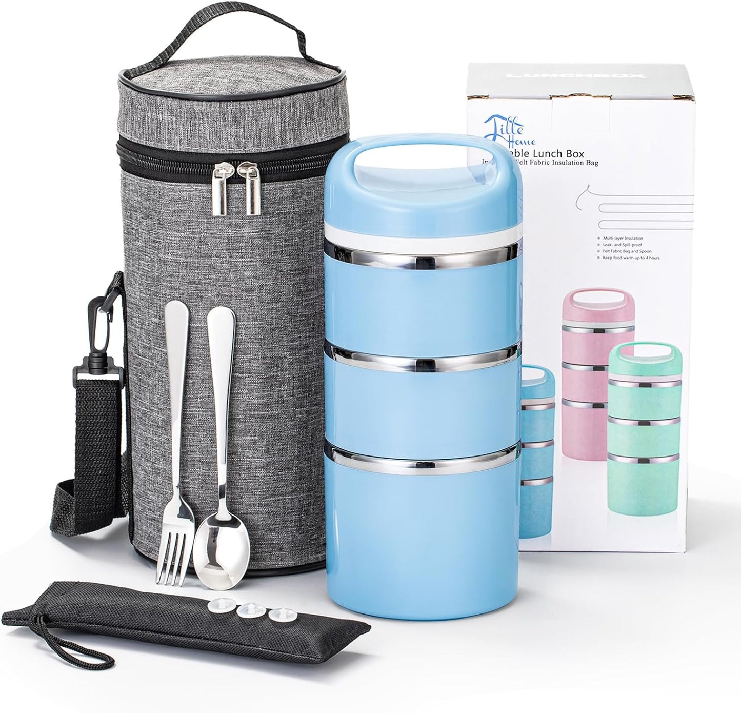 Lille Home Stackable Stainless Steel Thermal Compartment Lunch/Snack Box, 3-Tier Insulated Bento/Food Container with Lunch Bag, Cutlery Set and 3 Extra Seals, 43OZ (Gray)