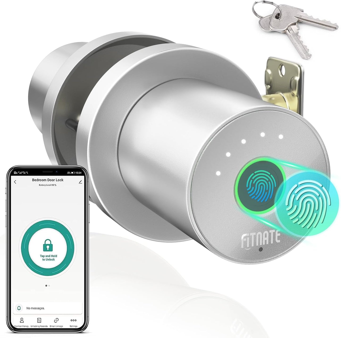 FITNATE Fingerprint Door Knob, Smart Biometric Door Lock with App Control, Keyless Entry Door Knob with Bluetooth Digital Code, Touch to Open Knob for Bedroom,Home,Hotel,Office, Black