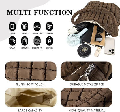 Quilted Puffer Tote Bag Large Crossbody Shoulder Bag with Zipper, Nylon Hobo Oversized Handbag