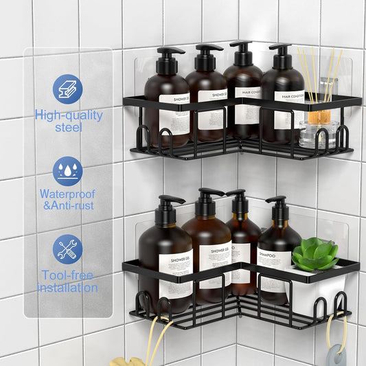 LOOBOV Shower Caddy Corner, Rustproof Shower Shelves, Bathroom Caddy No Drilling, Bathroom Organizers/Storage with Hooks (2 Pack- Black) - PuriLite