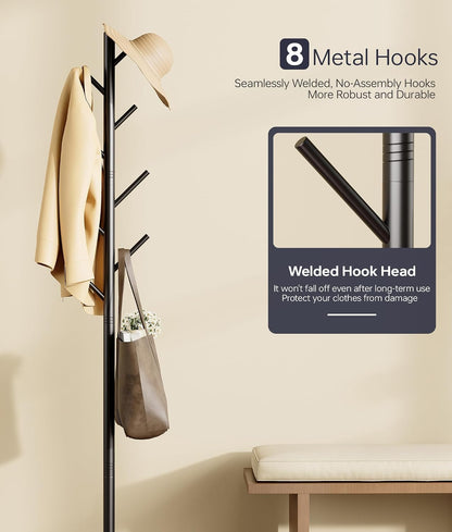 Coat Rack with 8 Hooks, Adjustable to 3 Heights, Modern Hall Tree, Sturdy Metal Coat Stand with Sintered Stone Base, for Entryway, Office or Bedroom, Ideal for Coats, Hats and Bags, Black