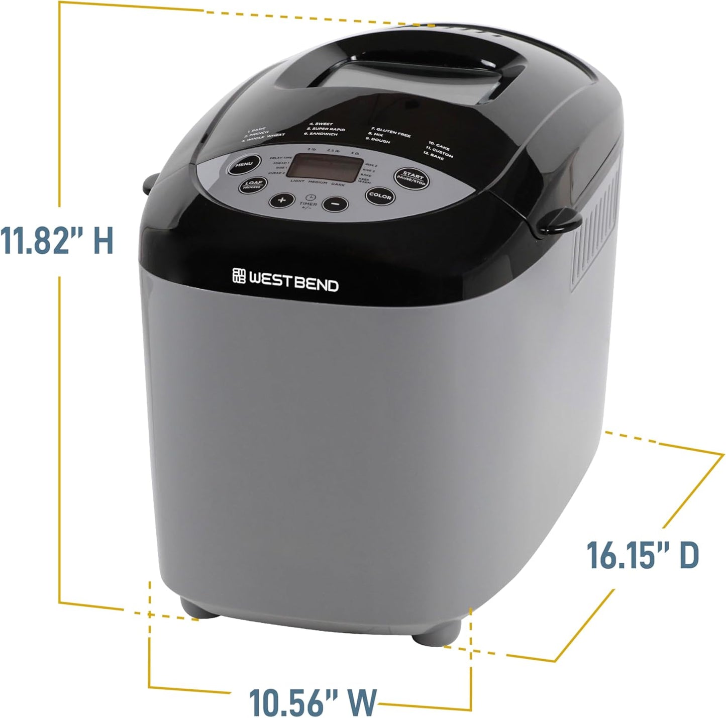 West Bend 47413 Hi-Rise Bread Maker Programmable Horizontal Dual Blade with 12 Programs Including Gluten Free, 3-Pound, Gray