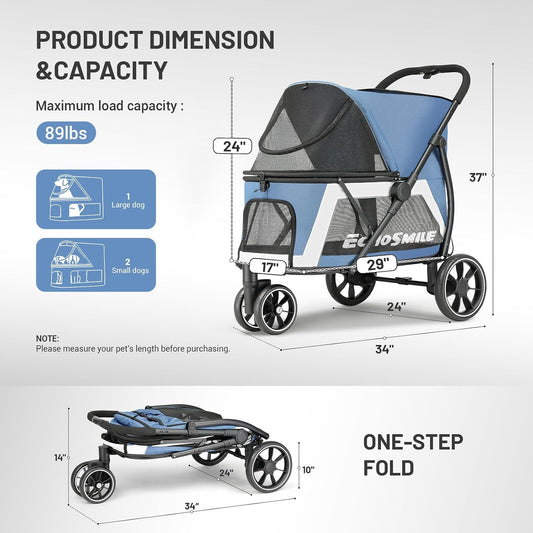 EchoSmile Dog Stroller for Medium & Small Dogs, Foldable Pet Stroller with 3 Wheels & Brakes, All-Terrain Cat Dog Carrier with Breathable Mesh, Safety Leash and Storage Pocket, Blue