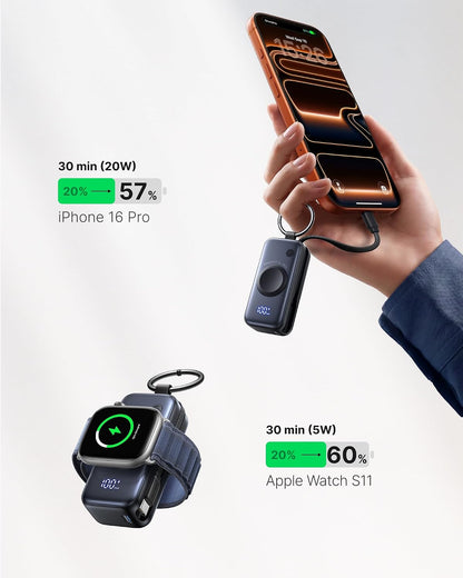 INIU 20W SnapGo Power Bank, 5000mAh Mini Portable Charger for Apple Watch 20W Fast Charging, Travel Keychain, Built-in USB-C Cable, Flight-Safe, Battery Pack for Apple Watch, iPhone 18 17 etc
