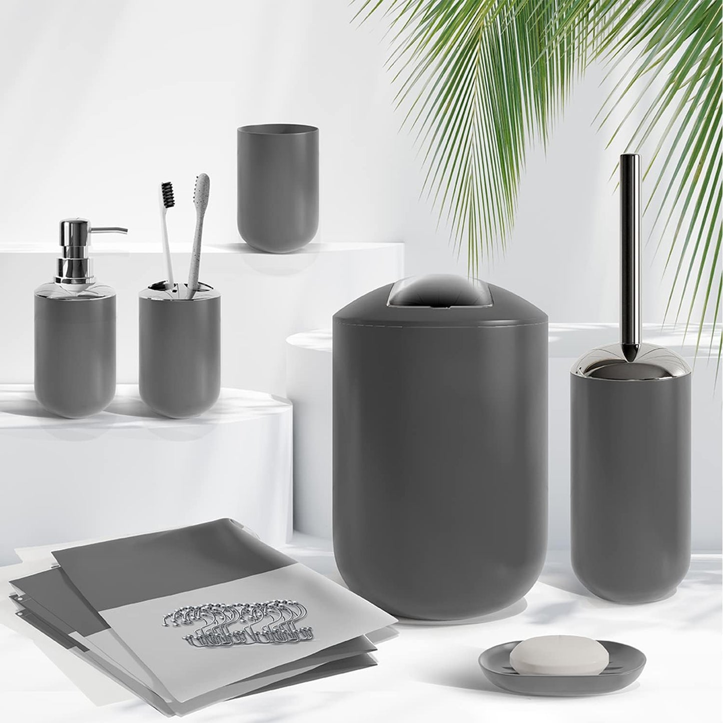 Clara Clark Bathroom Set - Gray Bathroom Accessories Set, Bathroom Sets with Shower Curtain and Rugs, 23PC Shower Curtain Set with Liner, Soap Dispenser, Soap Dish, Toilet Brush Holder, and Trash Can