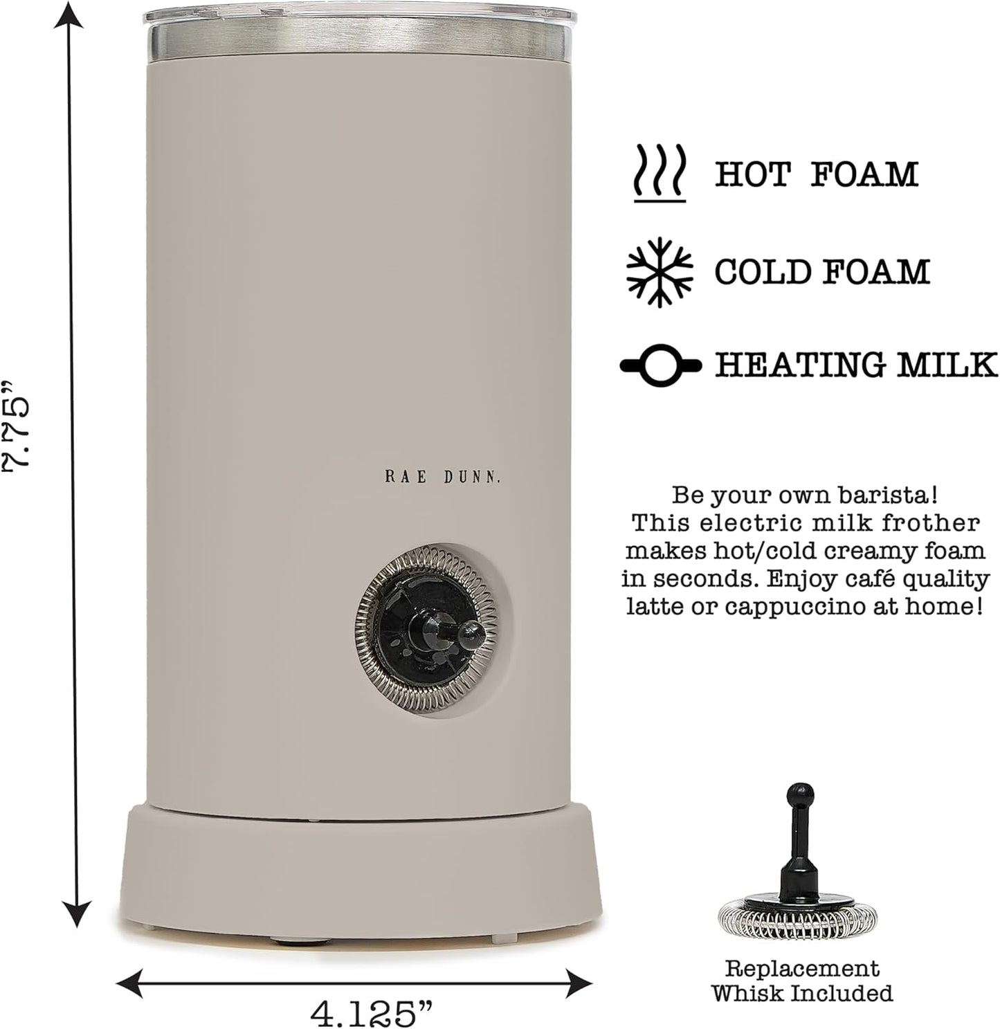 Rae Dunn - Electric Milk Frother - Elegant Automatic Milk Steamer and Frother, Milk Warmer, Hot and Cold Frothing Machine for Coffee, Latte, Cappuccino, Macchiato,