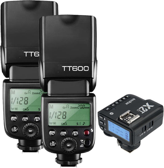 Godox 2pcs TT600 HSS 1/8000S 2.4G Wireless GN60 Flash Speedlite Built in Godox X System Receiver with X2T-C Trigger Transmitter Compatible Canon Camera