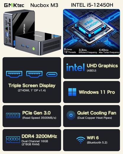GMKtec Mini PC Intel Core i9 12900HK(14C/20T 5.0 GHz) W11 Pro, Desktop Computer 32GB DDR4 RAM+1TB NVMe SSD, Triple 4K Display, WiFi 6, BT5.2, USB-C M3 Plus