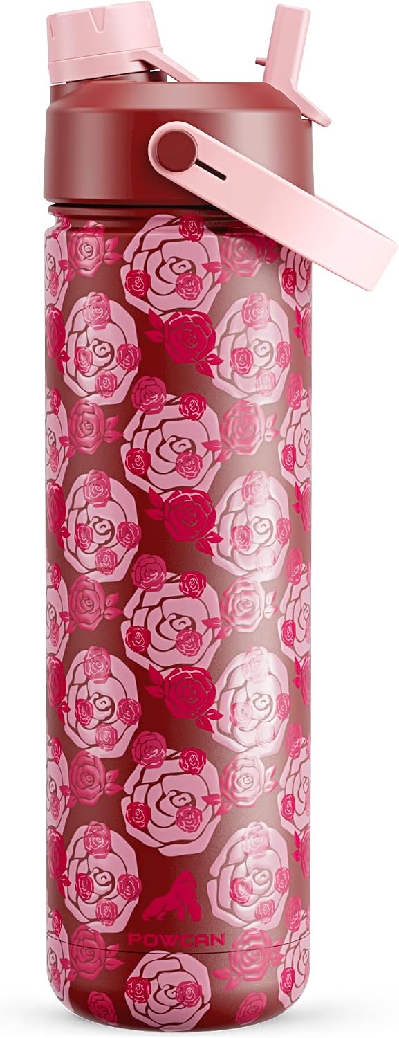 POWCAN 26 oz Insulated Water Bottle with 2-in-1 Straw and Spout Lid, Keep Cold 24H, Leak-Proof, Fits in Car Cup Holder, Stainless Steel Water Bottle for Sports, Travel, and School (Cotton Candy)