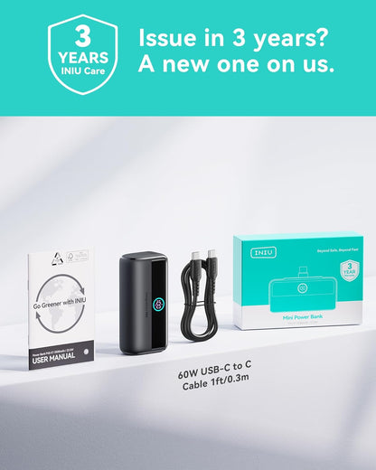 INIU Compact Portable Charger, 5500mAh Power Bank with Build-in USB-C Connector, 22.5W PD Fast Charging Powerbank, Family Flight Cruise Ship Essential Phone Charger for iPhone 16 15 Samsung, Orange