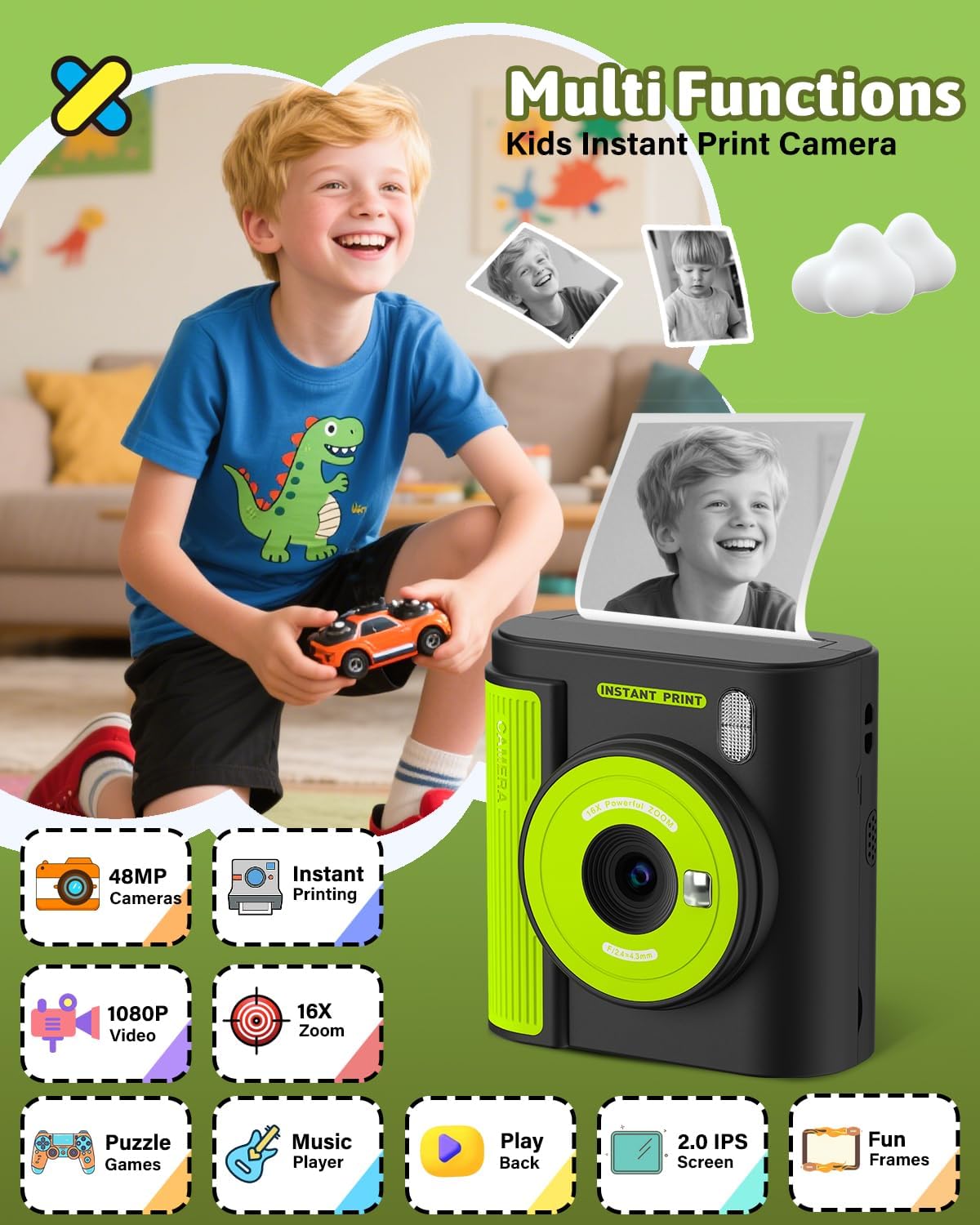 Mgaolo Kids Camera with Instant Print, Thermal Printing Digital Camera Gift for 3-12 Years Old Children, Safe Ink-Free Design, Toy for Creativity & Learning (Black)