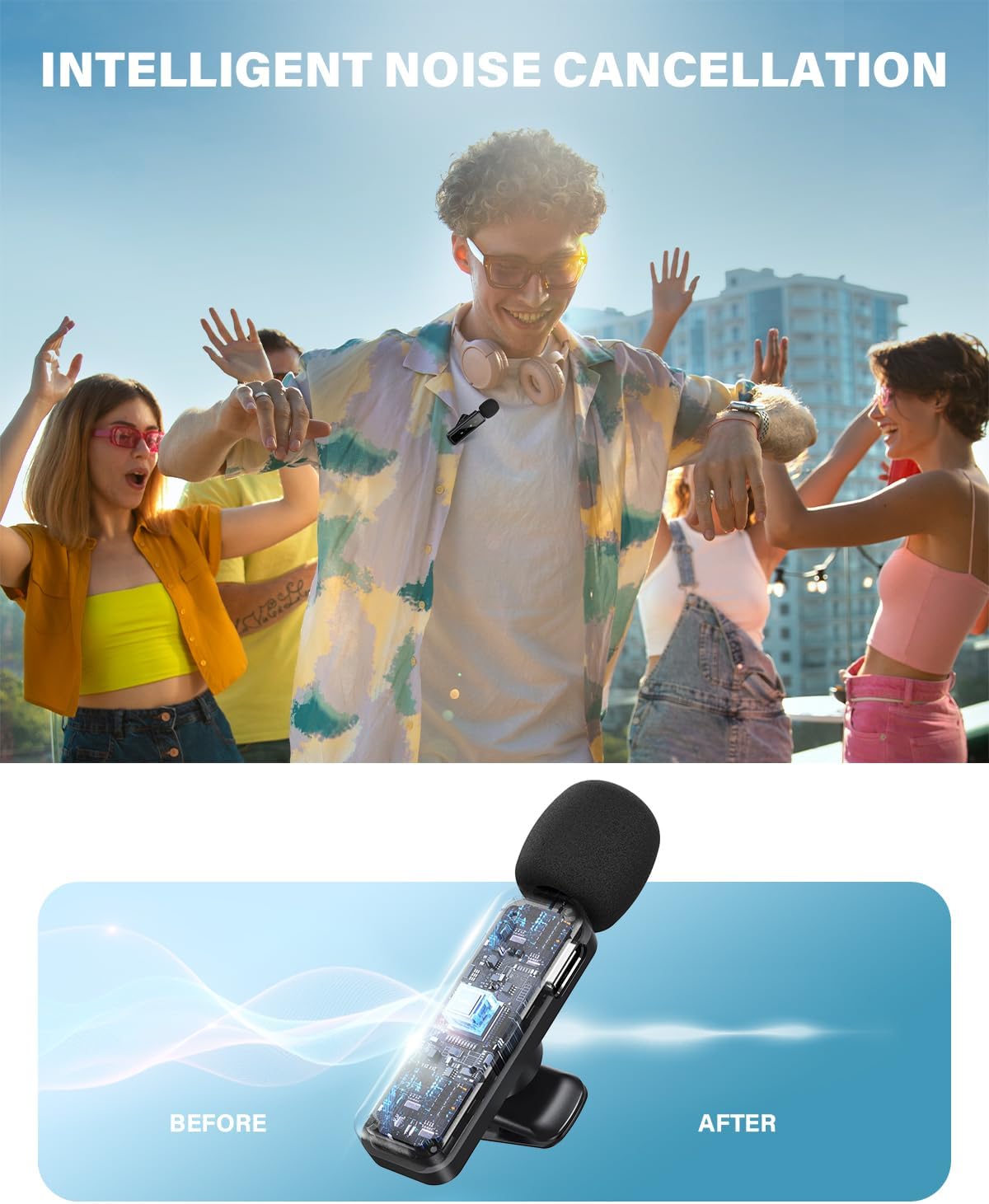 Mini Microphone, Wireless Lavalier Microphone for iPhone, iPad, Android, 2-Pack Mini Mic with Noise Reduction, Auto Pairing and Mute & Reverb for Vlogging, Video Recording, Live Streaming, Interview