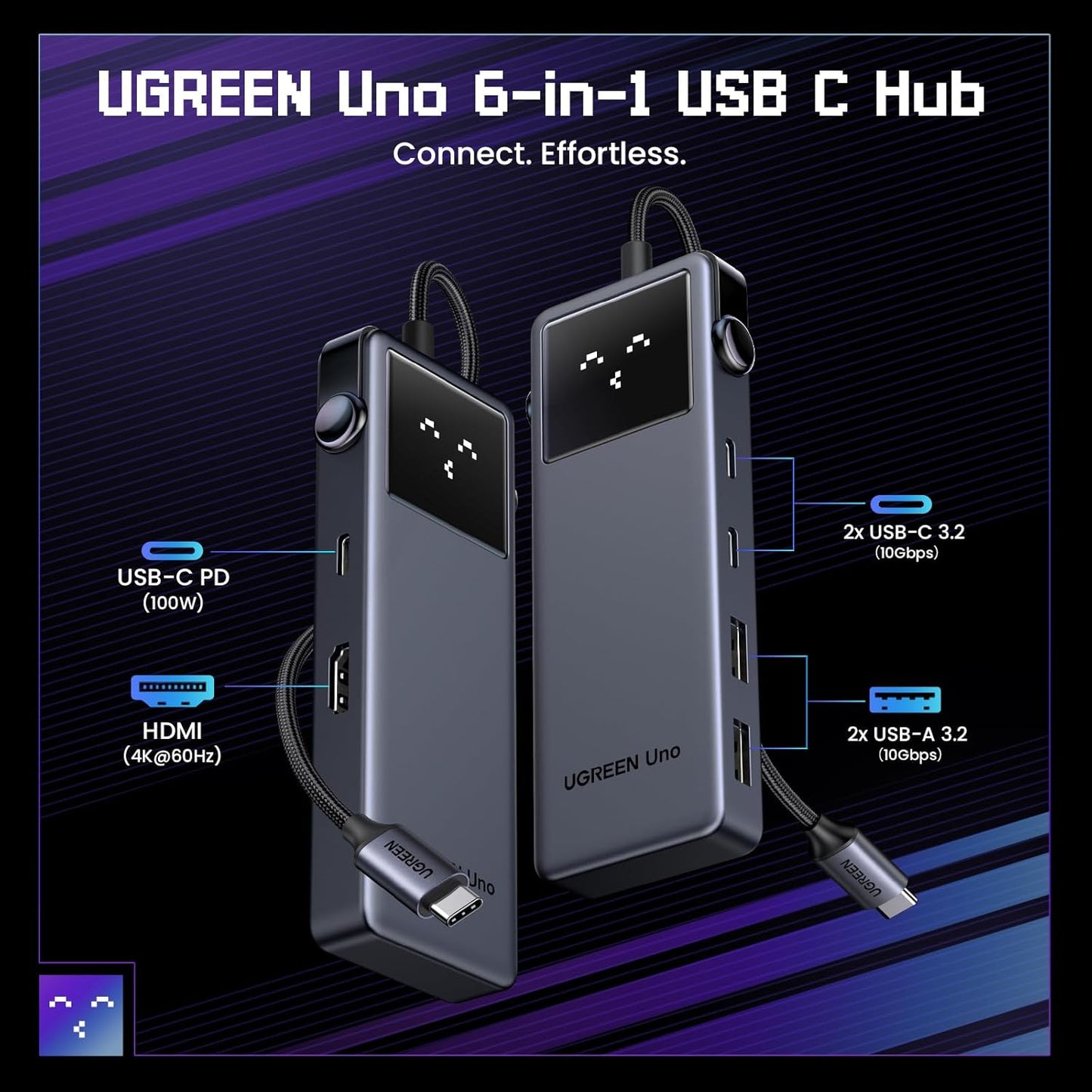 UGREEN Uno 6 in 1 USB-C Hub with 10Gbps USB-C & USB-A Data Ports 4K@60Hz HDMI, 100W Power Delivery Compatible with MacBook Pro/Air, iPad Pro, Surface, XPS, Thinkpad and More