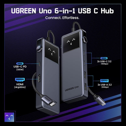 UGREEN Uno 6 in 1 USB-C Hub with 10Gbps USB-C & USB-A Data Ports 4K@60Hz HDMI, 100W Power Delivery Compatible with MacBook Pro/Air, iPad Pro, Surface, XPS, Thinkpad and More