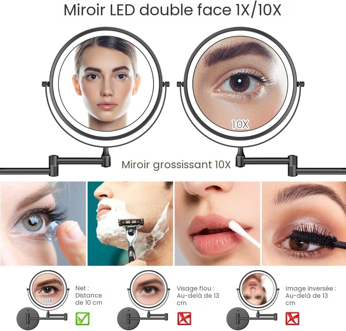 Miroir de maquillage mural rechargeable, miroir de courtoisie LED double face de 20 cm avec agrandissement 1X/10X, miroir de salle de bain de 33 cm avec écran tactile et 3 couleurs d’éclairage