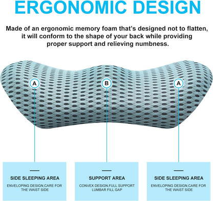 Lumbar Support Pillow for Lower Back Pain Relief – Ergonomic Streamline Memory Foam Cushion for Office Chair, Car Seat, Bed, and Sleeping – Ideal for Drivers and Office Workers (Black)