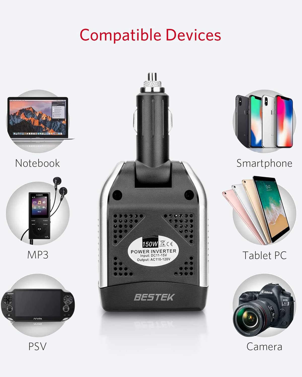 BESTEK 150W Car Power Inverter DC 12V to AC 110V with 2 USB Ports (3.1A Shared)