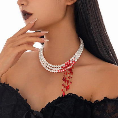 C-leen Halloween Dripping Blood Pearl Choker Necklace - Vampire Necklace for Women, Spooky Gothic Layered Vampire Accessories Women for Halloween Costume Cosplay Party