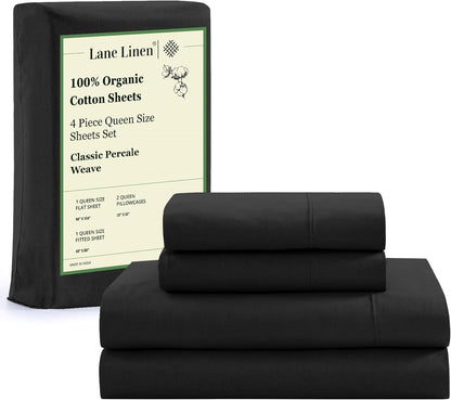 Lane Linen 100% Organic Cotton Queen Sheet Set, 4-Piece Percale Bed Sheets for Queen Bed - Soft, Breathable, Hypoallergenic, Deep Pocket Fits Mattress Up to 15" Deep, Hotel Quality Sheets - White