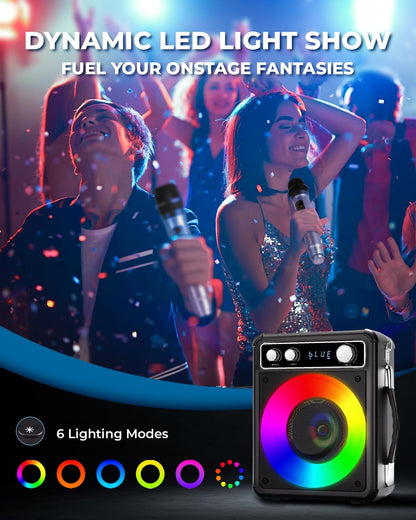 Karaoke Machine, Portable Bluetooth Speaker with 2 Wireless Microphones, PA System for Adults Kids with LED Lights, Supports REC/FM/AUX/USB/TF for Home Party