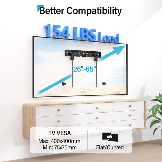 Supcline TV Wall Mount for 26-65 Inch TV up to 154 lbs, Studless Wall Mount TV Bracket with Max VESA 400x400mm, Low Profile Drywall TV Mount, Easy Install No Stud TV Mount - PuriLite