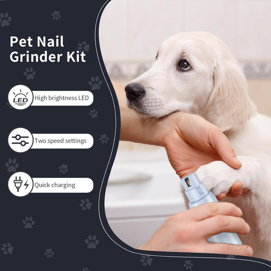 Dog Nail Grinder with LED Light, Rechargeable Pet Nail Grinder Kit with Nail Grinder and Trimmer, Low-Noise, 2-Speed Powerful Pet Nail Trimmer for Large Medium Small Animal Nail Care (Blue) - PuriLite