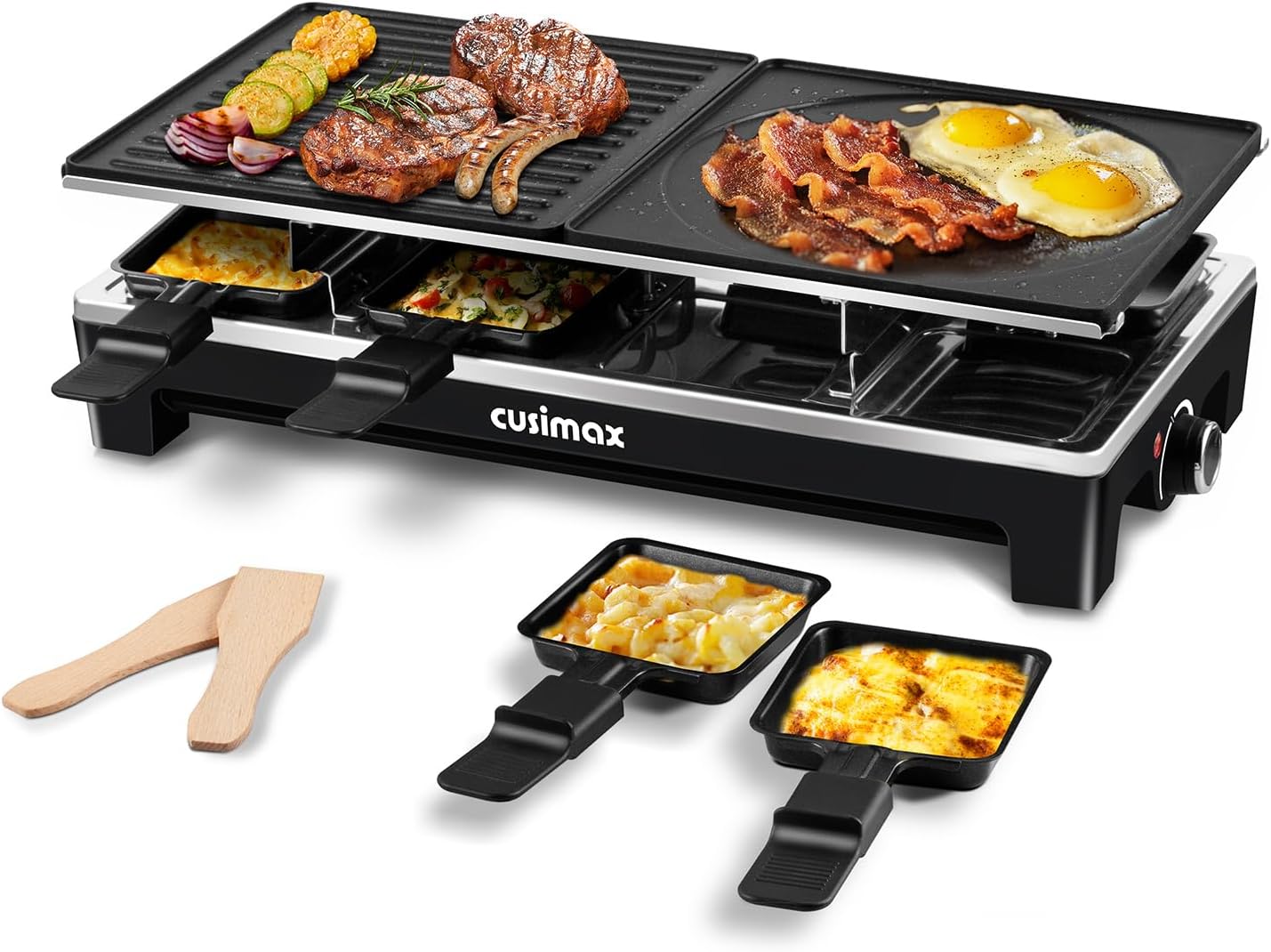 Raclette Table Grill, CUSIMAX Electric Indoor Grill, Portable Korean BBQ Grill with 2 in 1 Reversible Non-stick Plate& Natural Grill Stone, 1500W Electric Party Grill, 8 Raclette Pans& Wooden Spatulas
