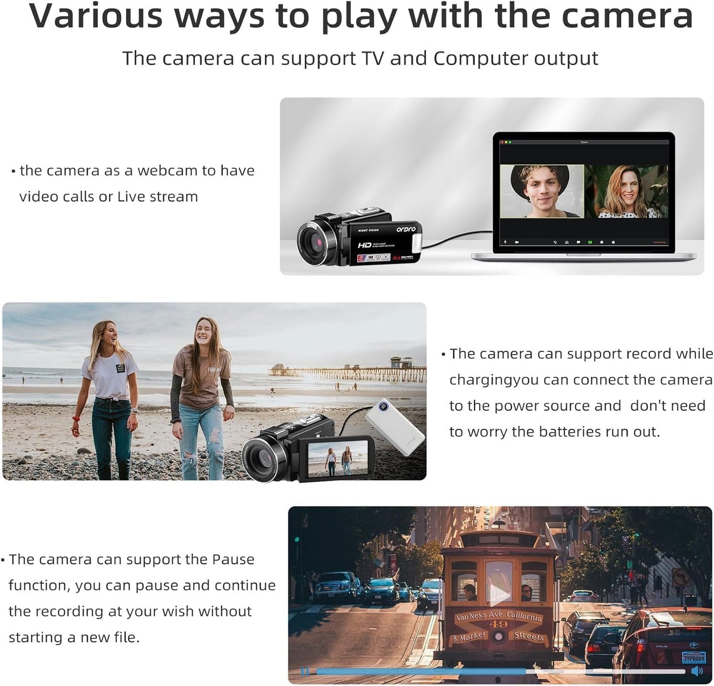 ORDRO B320 Video Camera Camcorder Full HD 1080P 30MP IR Night Vision Vlogging Camera Recorder 3.0 Inch IPS Screen 18X Digital Zoom with 2 Batteries