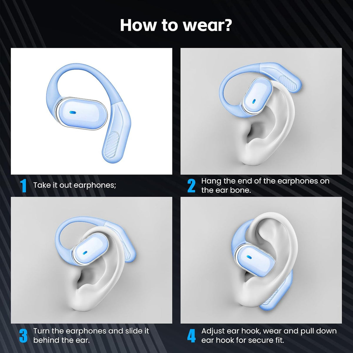 Open Ear Wireless Earbuds Bluetooth Headphones, 80H Playtime Stereo Ear Buds with ENC Noise Cancelling, Fast Charging, IPX7 Waterproof Sports Earphones with Earhook for Running/Workouts (Purple Blue)