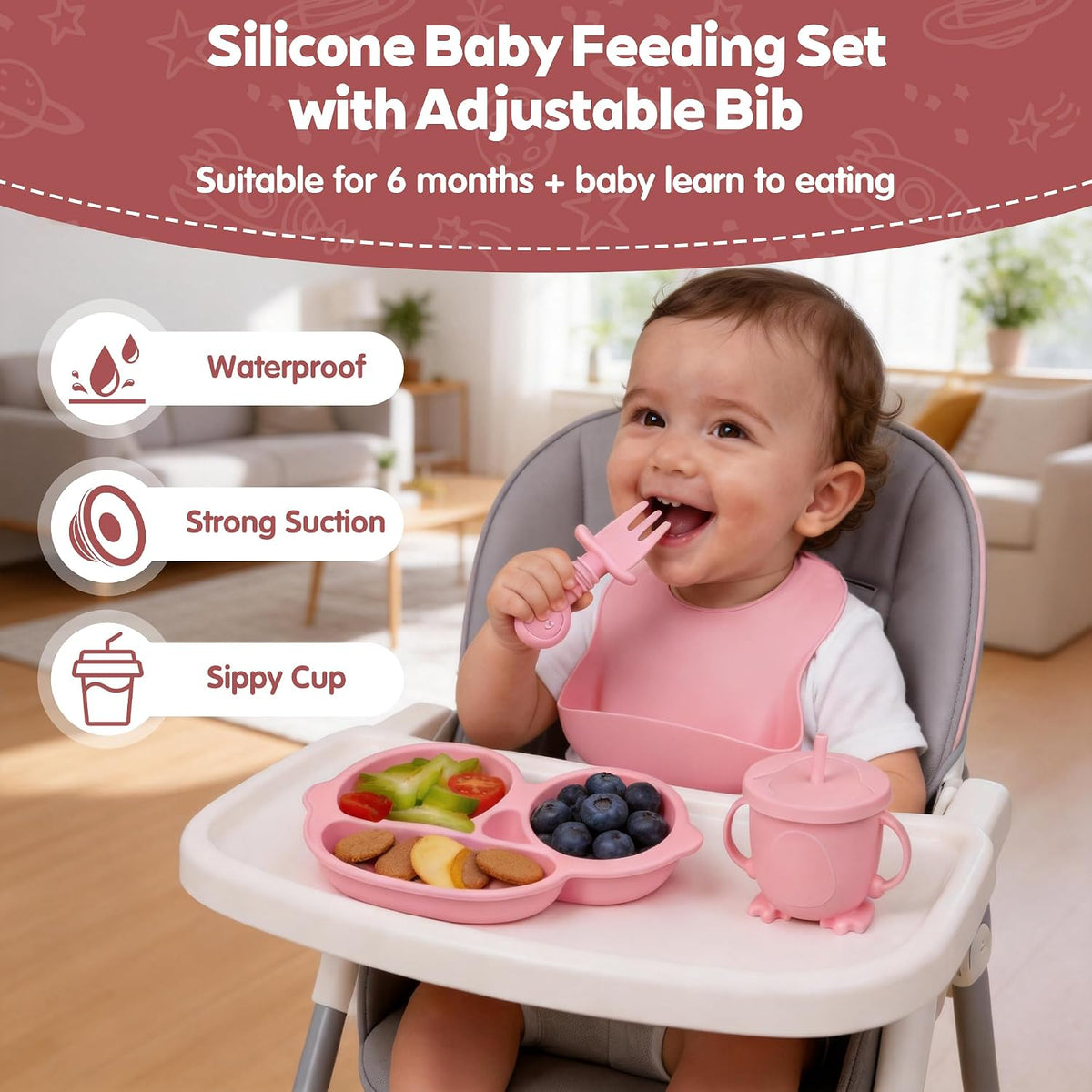 Silicone Baby Feeding Set,Miicasa Baby Led Weaning Supplies Kit With Suction Bowl & Car Plate, Bib, Spoon, Fork, Cup - Food-Grade Silicone, Dishwasher-Safe, No BPAs - For 3+ Months