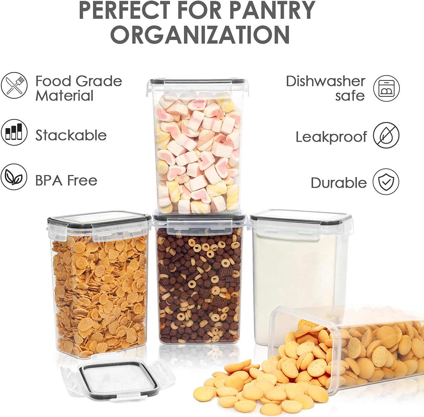 Vtopmart Extra Large Tall Airtight Food Storage Containers, 4 Pieces 6.5L Plastic Kitchen Pantry Storage Containers for Spaghetti, Flour and Baking Supplies - Include 24 Labels, Black