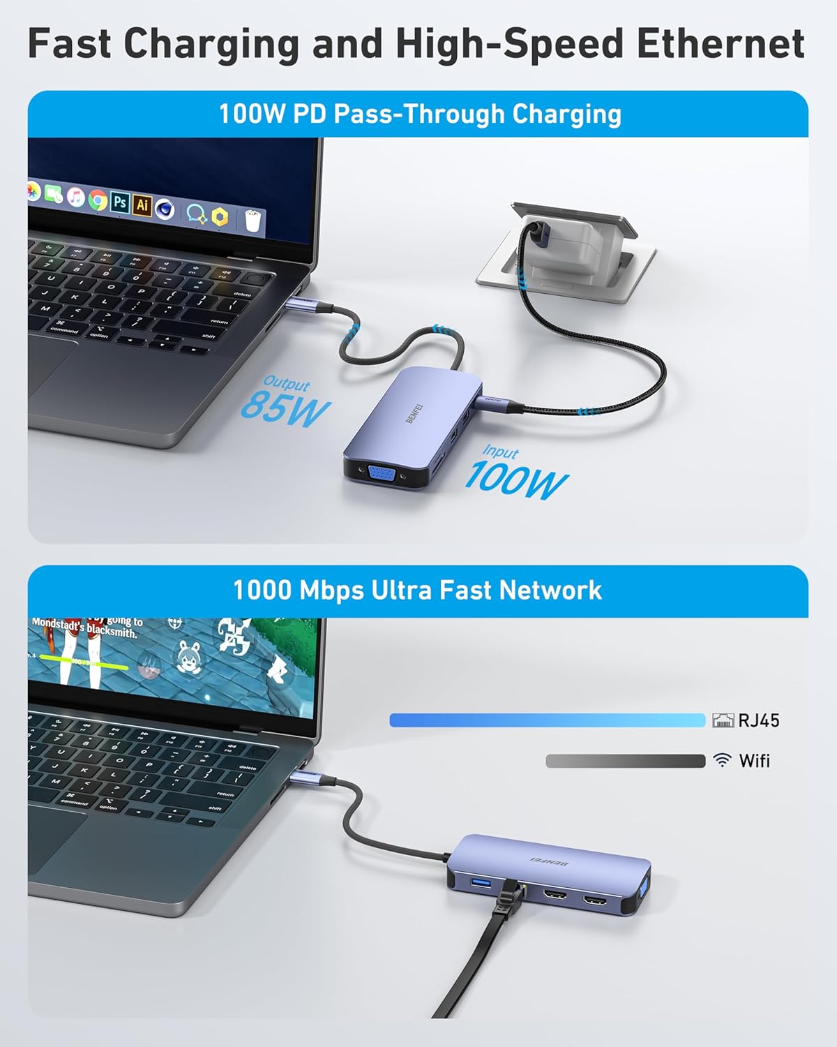 BENFEI 11-in-1 USB C Hub Triple Display Docking Station – Dual HDMI, VGA, 3 USB 3.0, Ethernet, SD/TF Card Reader, 100W Power Delivery, 3.5mm Audio for MacBook, XPS, Surface - PuriLite