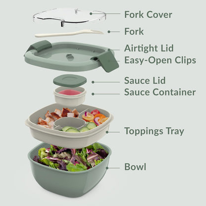 Bentgo Salad - Stackable Lunch Container with Large 54-oz Salad Bowl, 4-Compartment Bento-Style Tray for Toppings, 3-oz Sauce Container for Dressings, Built-in Reusable Fork & BPA-Free (Khaki Green)