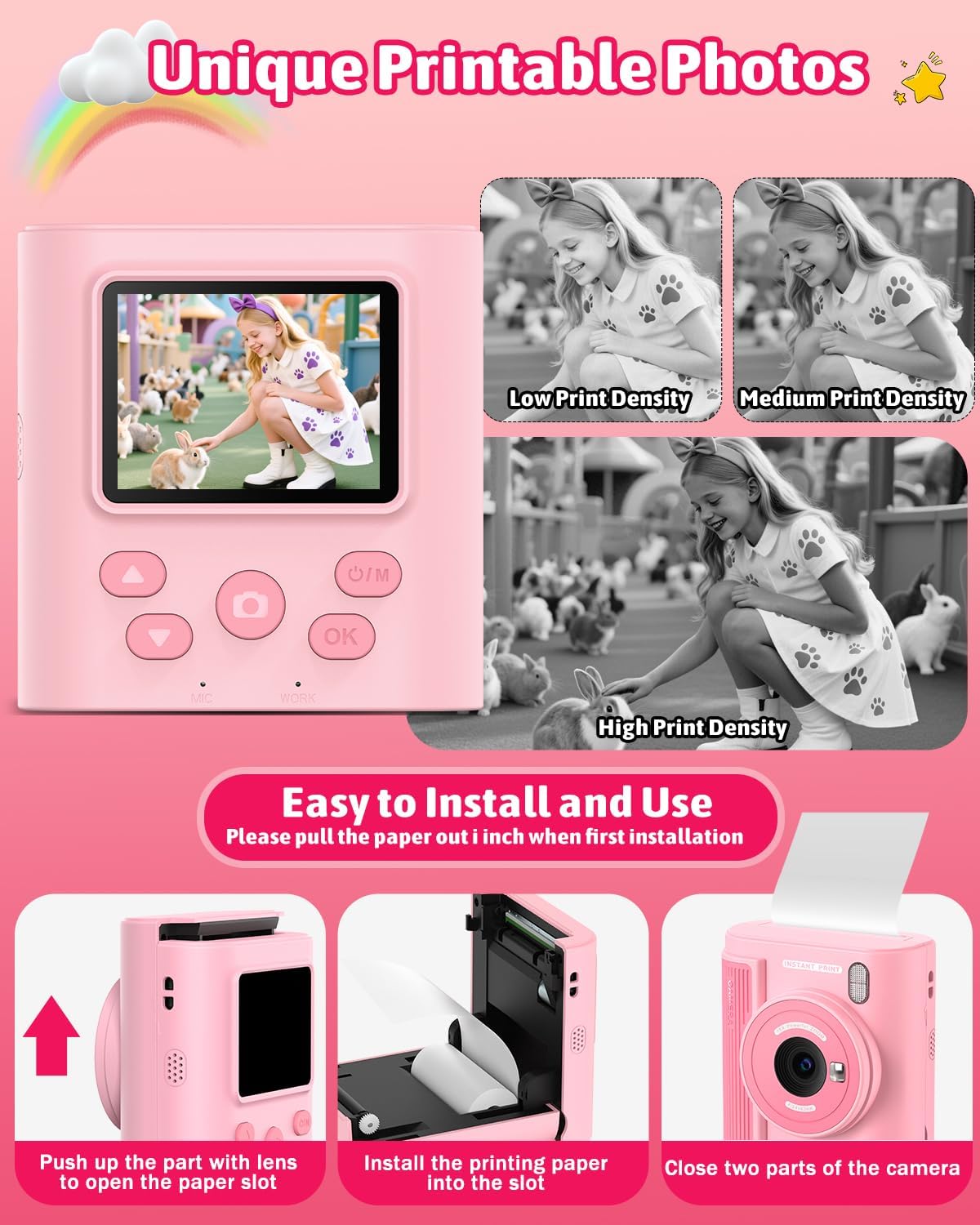 Mgaolo Kids Camera with Instant Print, Thermal Printing Digital Camera Gift for 3-12 Years Old Children, Safe Ink-Free Design, Toy for Creativity & Learning (Black)