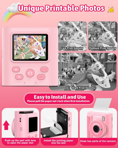 Mgaolo Kids Camera with Instant Print, Thermal Printing Digital Camera Gift for 3-12 Years Old Children, Safe Ink-Free Design, Toy for Creativity & Learning (Black)